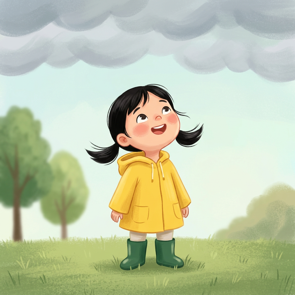 Mei stands in her backyard looking up at gray clouds gathering in the sky, wind gently blowing her pigtails