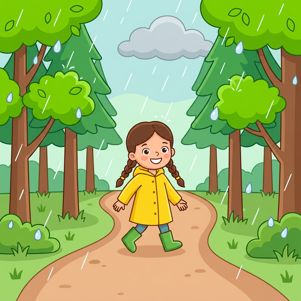 Maya walks onto a forest trail in gentle rain, surrounded by bright green trees and falling raindrops