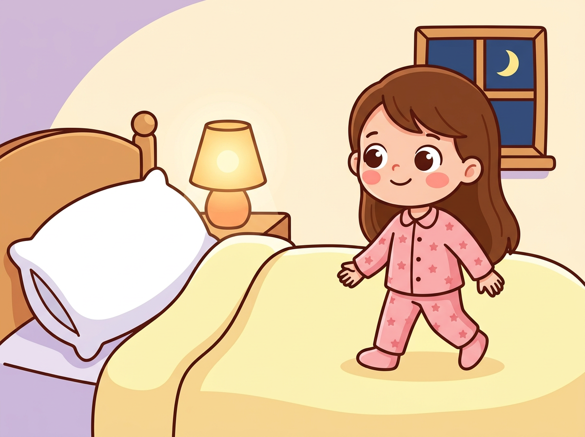 Amelia in pink star pajamas walks toward her cozy bed in a softly lit bedroom, smiling at bedtime.