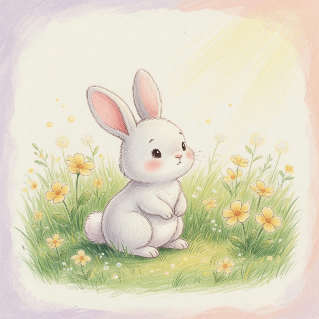 Bea the little white bunny sits alone in a soft green meadow, looking around with gentle curious eyes.