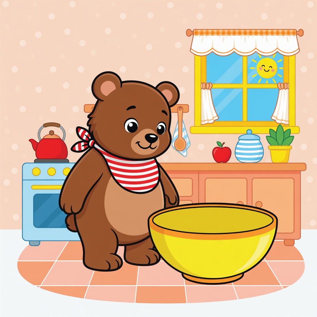 Bruno the bear stands in a cozy kitchen, looking down at an empty bowl on the floor with big hopeful eyes