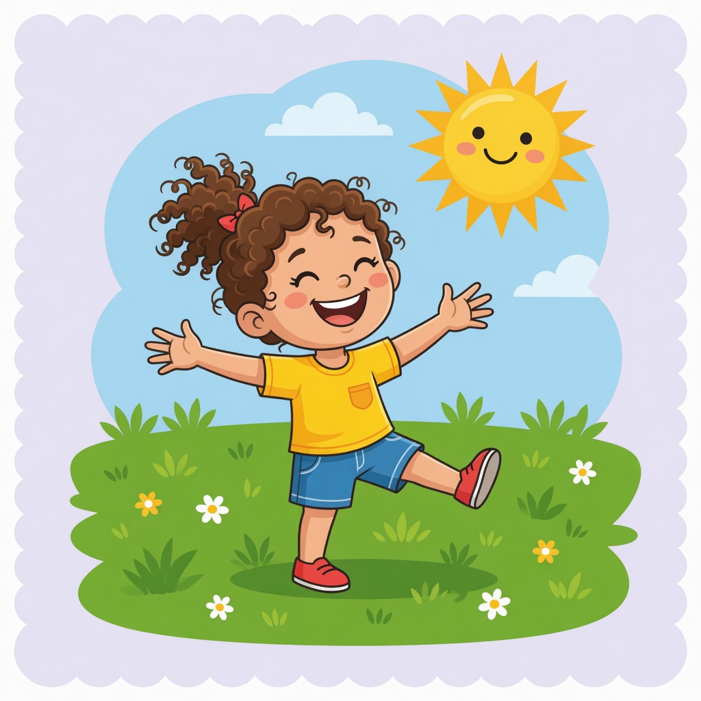 A little girl with curly brown hair stands in a sunny yard, ready to play and run.