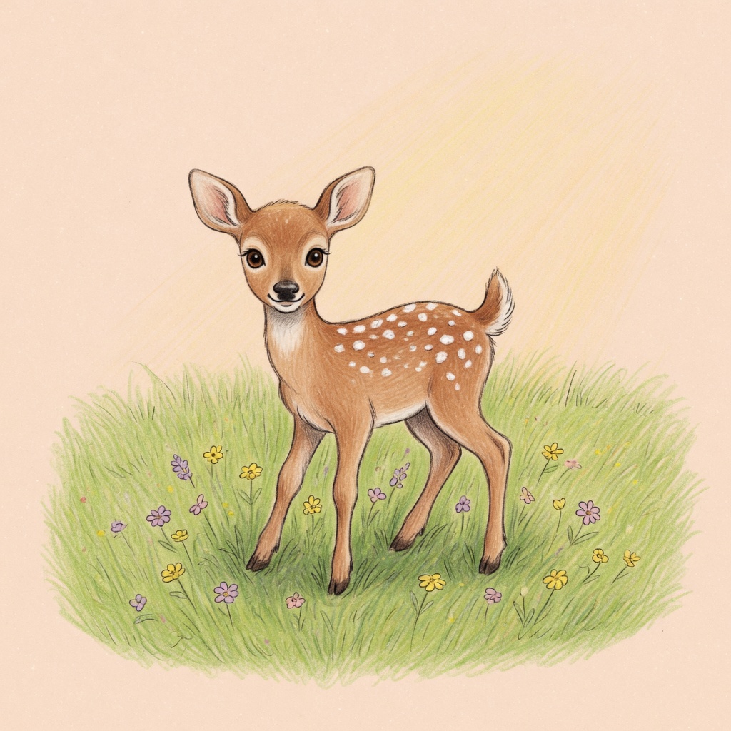 Dax the fawn stands in a soft green meadow, looking curiously at the reader with his big brown eyes
