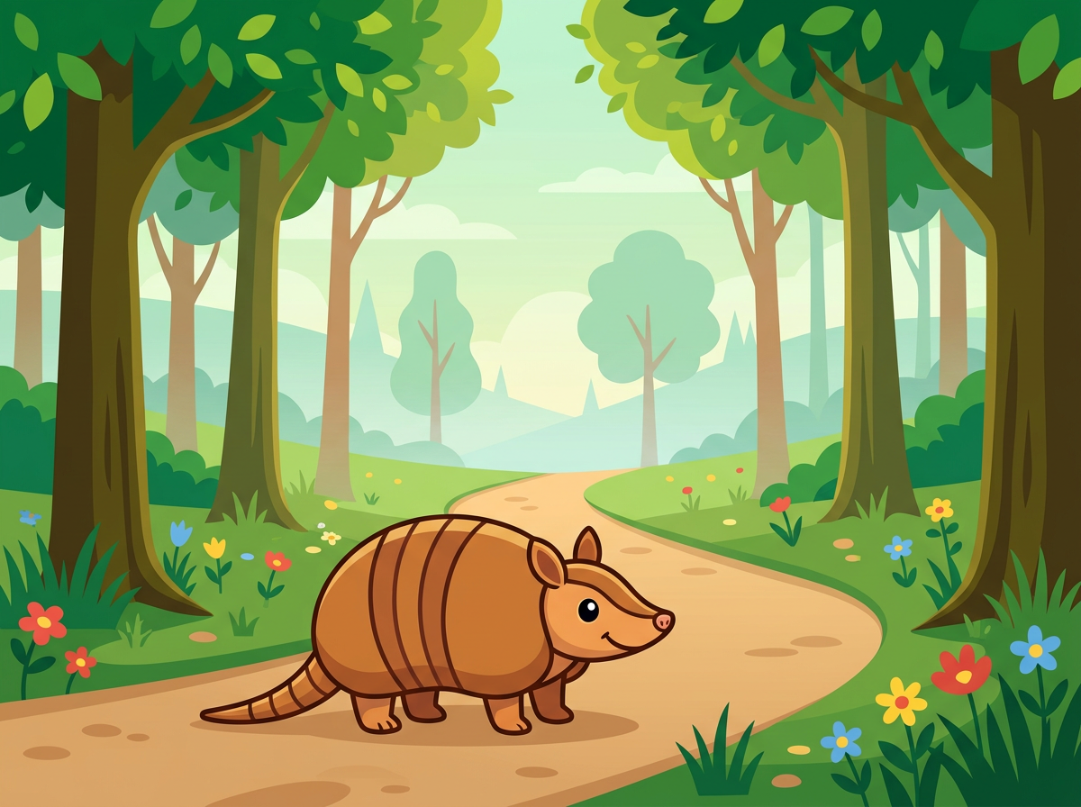 Dillo stands at the entrance of a lush green forest trail on a cloudy morning, looking ahead with excitement.