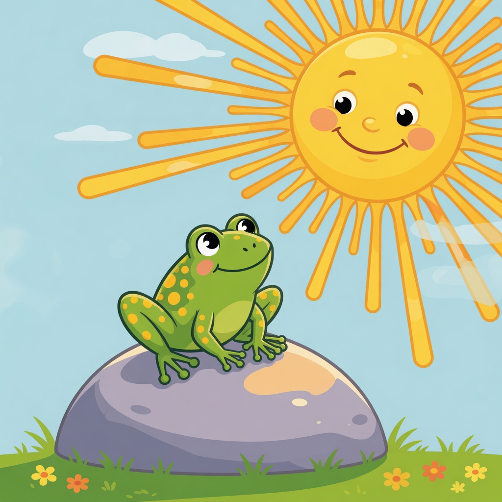 Fred the frog sits on a rock in summer, looking up at a large bright sun in a blue sky