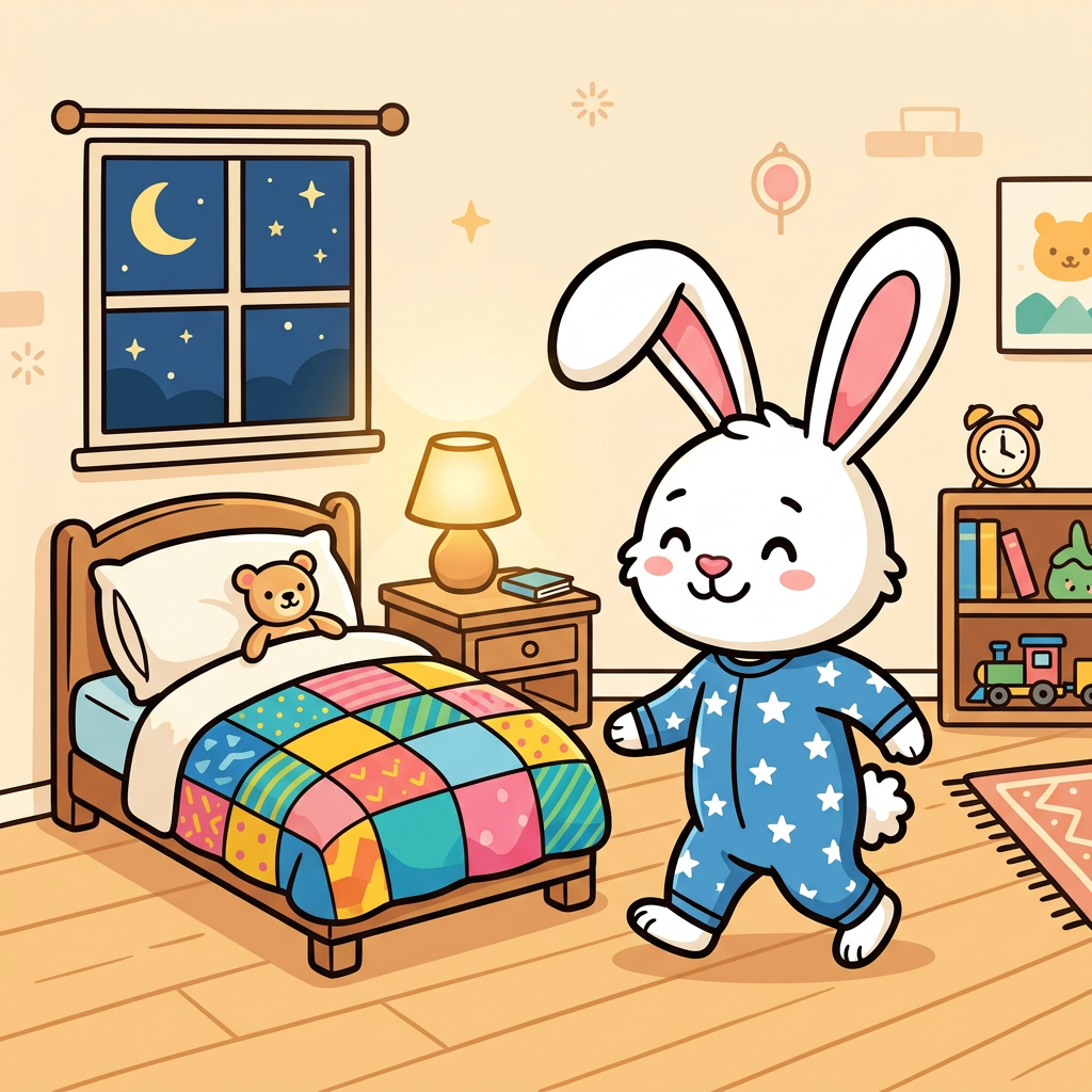 Pip the bunny walks happily toward a small cozy bed with a colorful quilt in a softly lit bedroom
