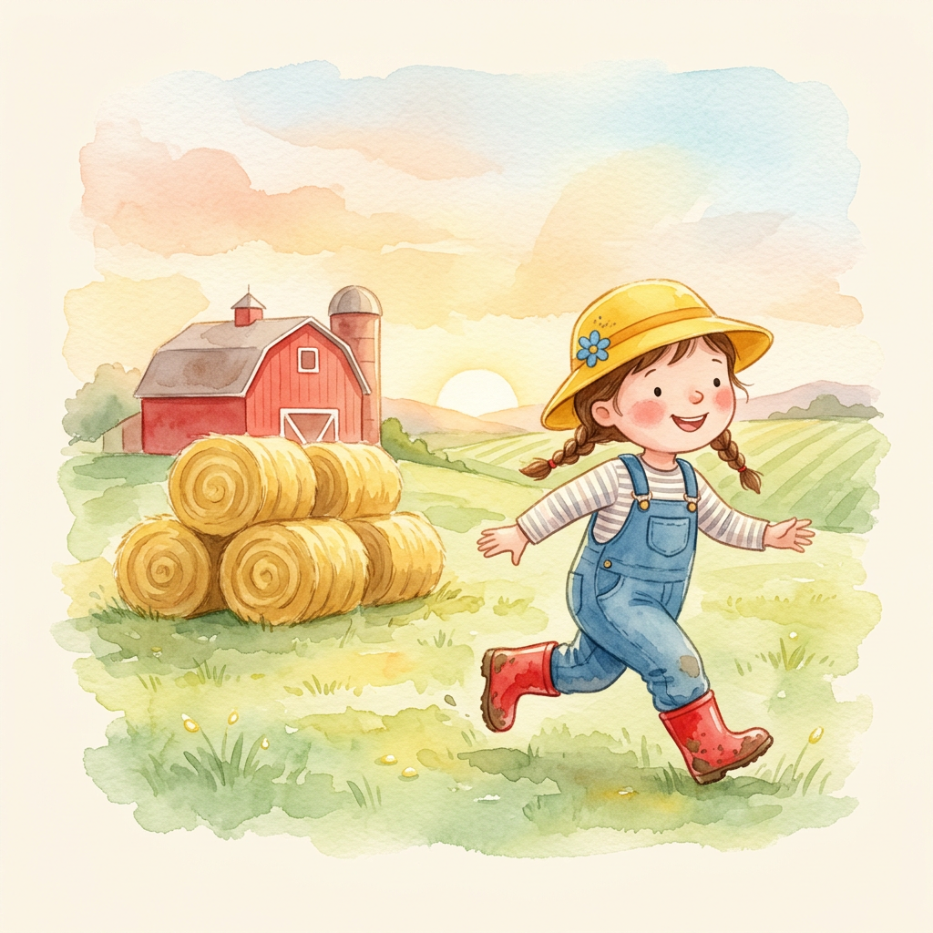Mae runs happily toward golden hay bales in a sunny farmyard with green fields and a big red barn in the background