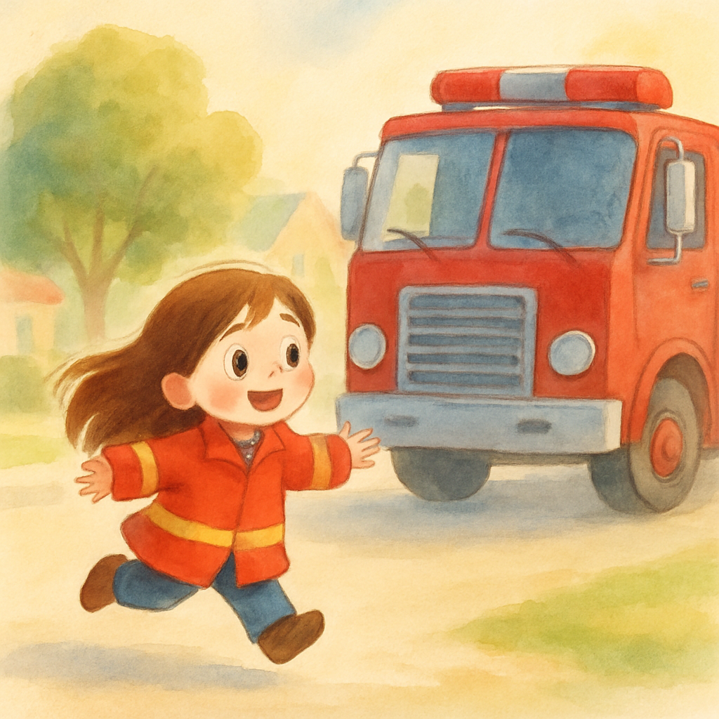 Zoe the firefighter runs happily toward a bright red fire truck parked on a sunny neighborhood street