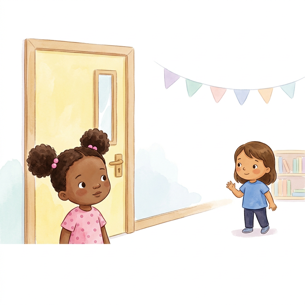 The main character stands near a classroom door and looks at another girl standing alone nearby.