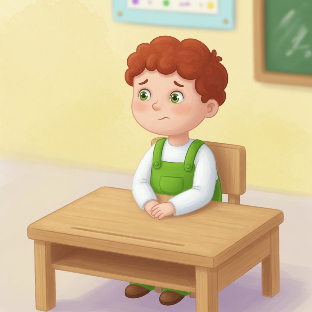 The boy sits at his classroom desk and feels the urge to use the bathroom, with a calm, attentive expression shifting to a look of gentle need.