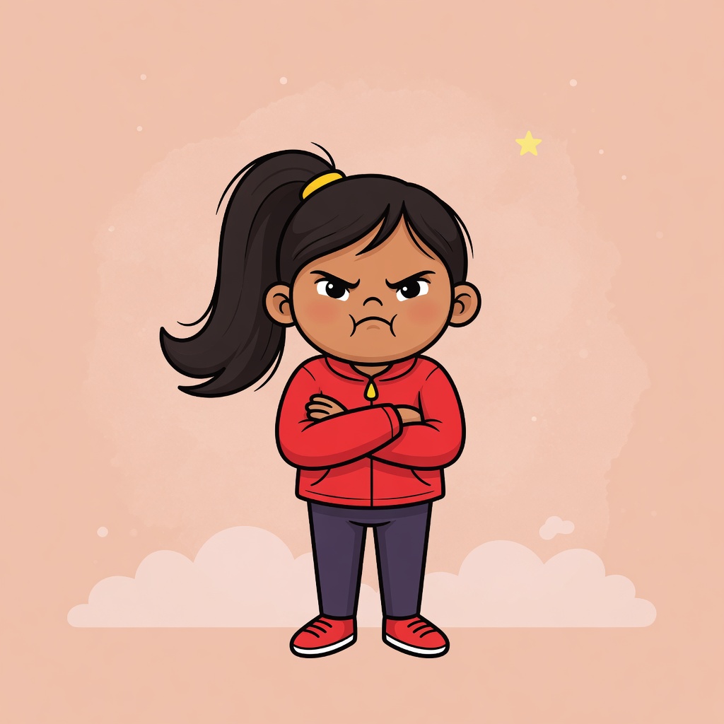 Mia stands facing forward with a frowning expression and her arms crossed over her chest.