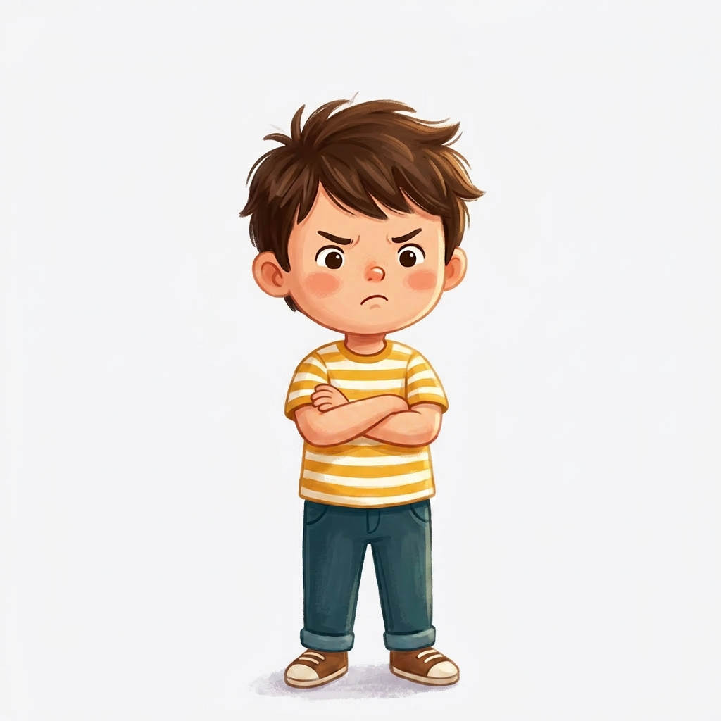 The boy stands facing forward with a frustrated expression, eyebrows pulled together, lips pressed tight.