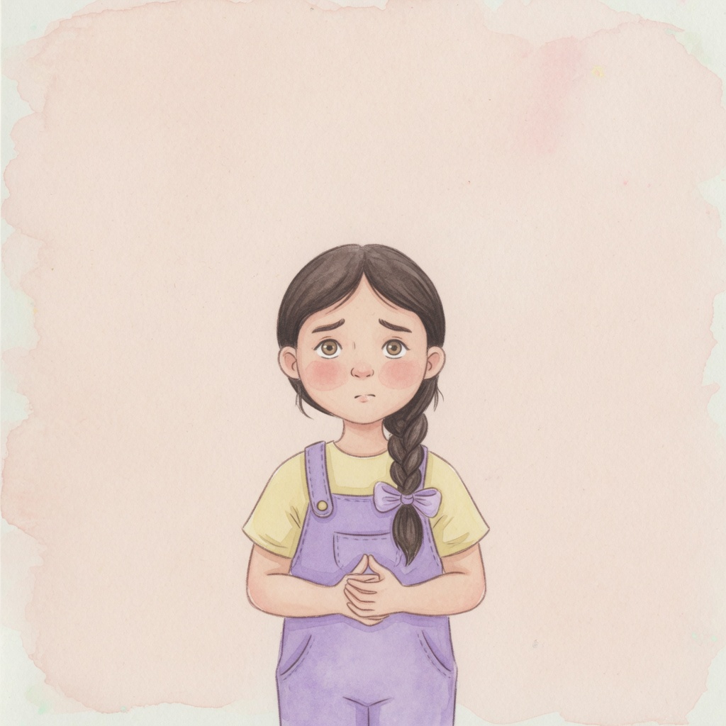 The girl stands facing forward with a small, uncertain expression on her face, hands gently clasped in front of her.