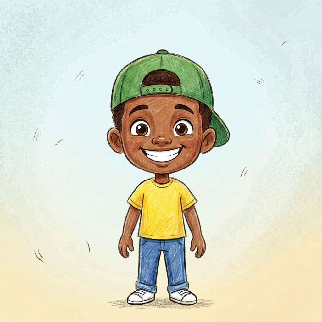 The boy stands with a big smile and his chest out, looking happy and confident.