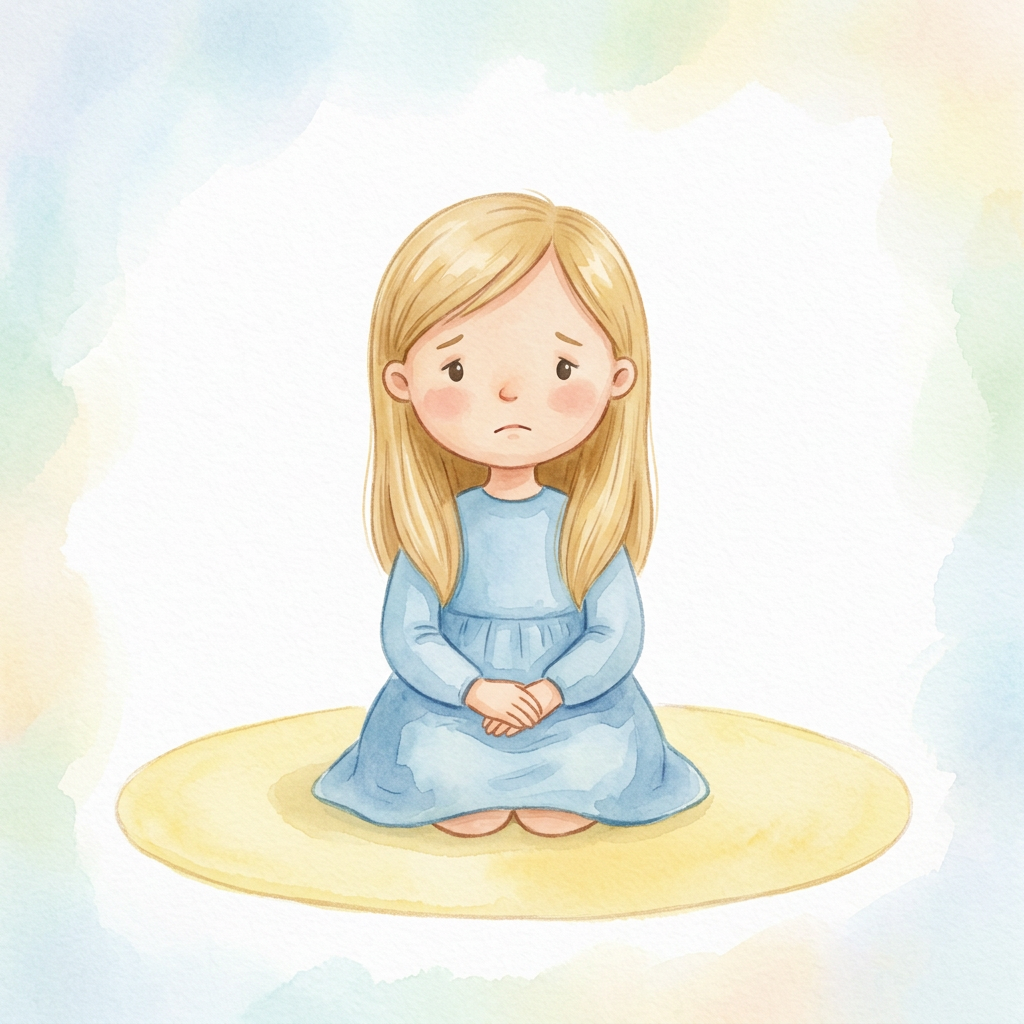 The girl sits quietly on a soft pastel rug with a gentle, downturned expression on her face.