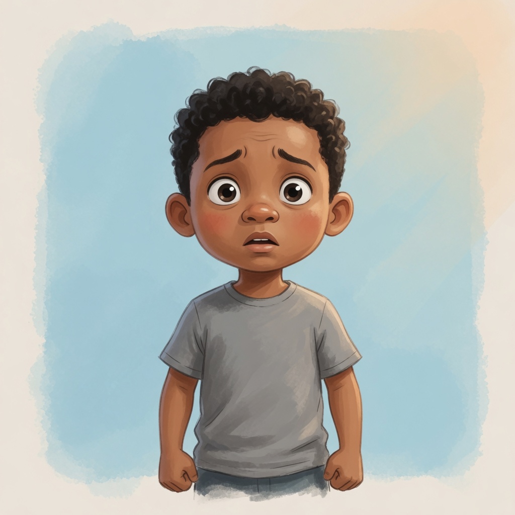 Leo stands facing forward with wide eyes and a slightly open mouth, looking a little uncertain, on a soft pastel background.