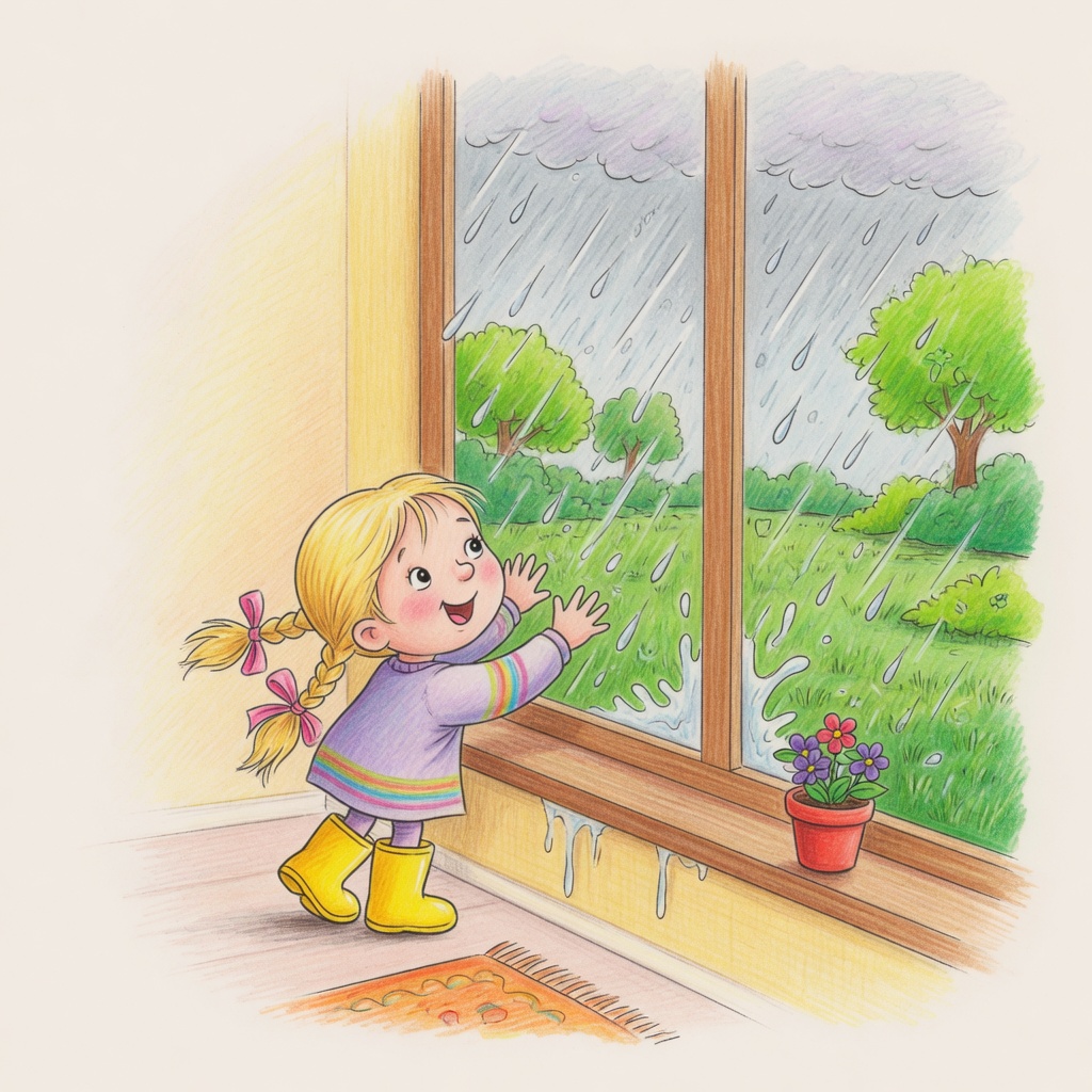 Sunny stands at a window looking outside at rain falling on a green yard, her eyes wide with excitement.