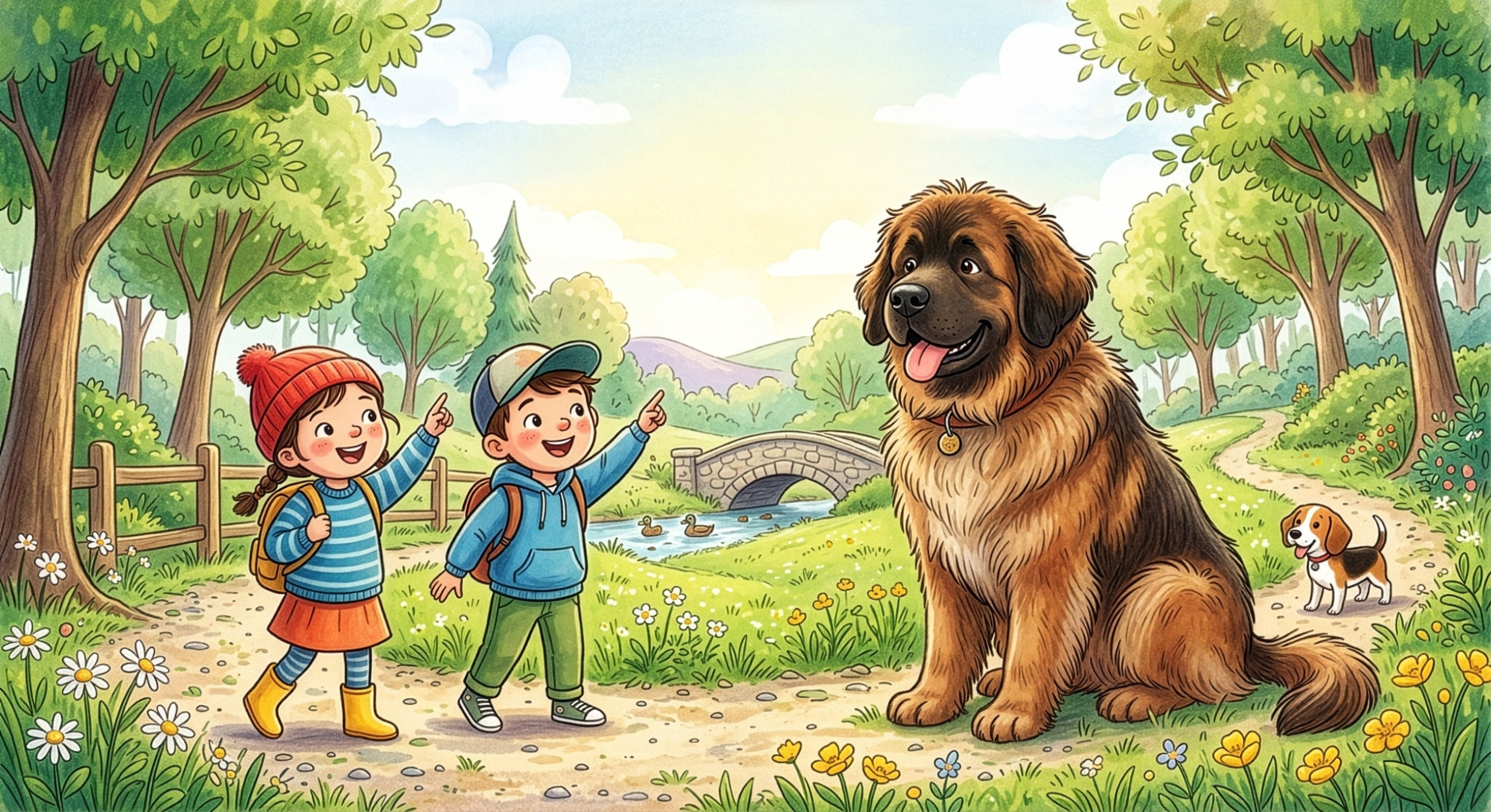 A boy and girl are walking in a field and see a very big dog