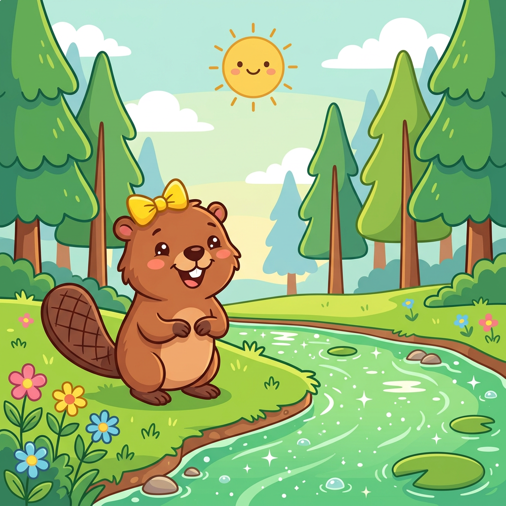 Bea the beaver stands happily at the edge of a sparkling green stream on a bright sunny day