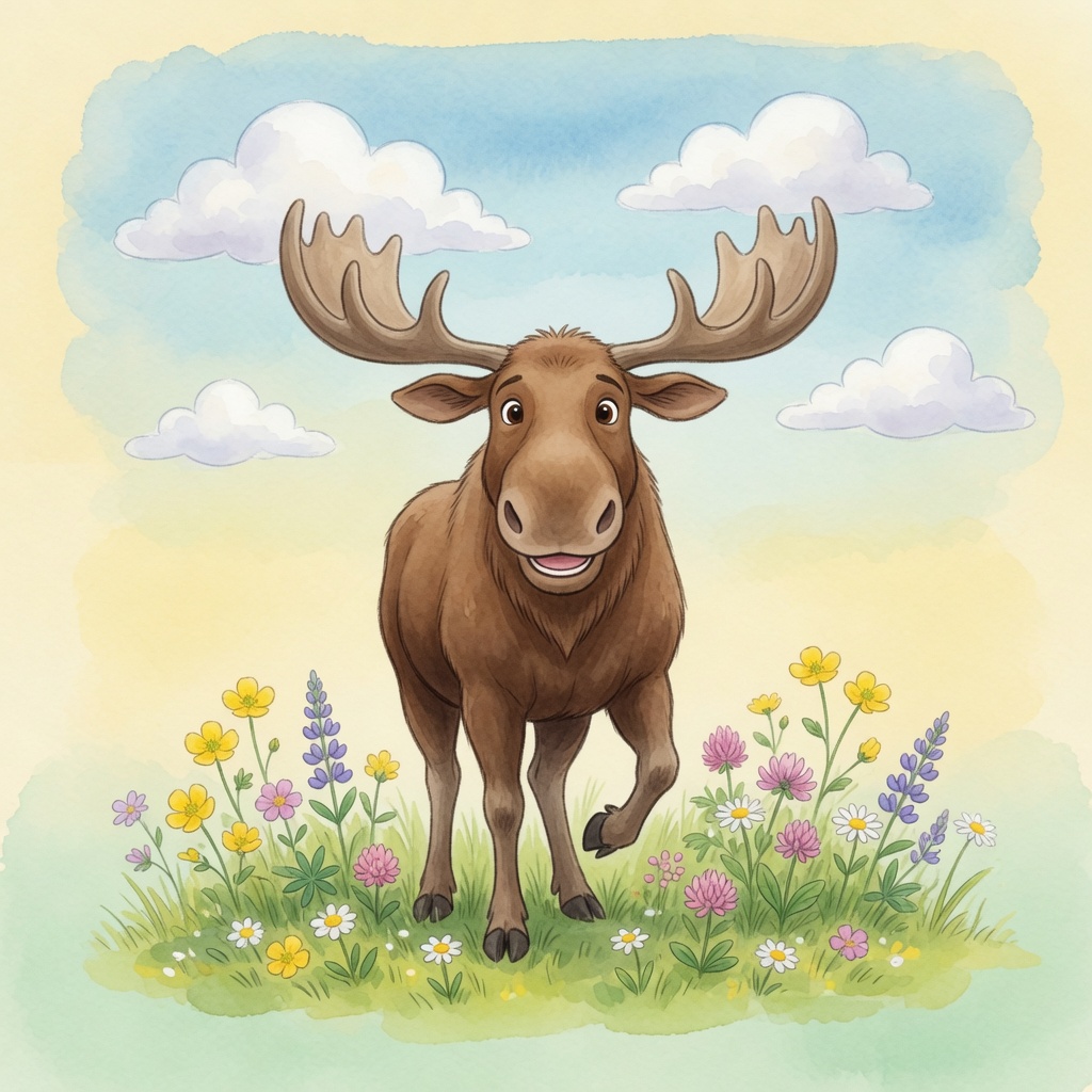 Moss the big moose stands in a sunny green meadow, smiling warmly at the reader