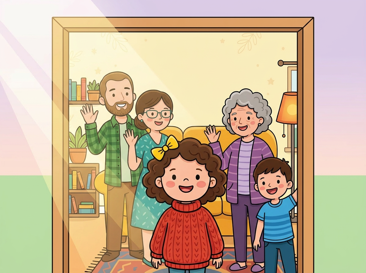 Imani stands in a sunny living room doorway, smiling at her family gathered inside.