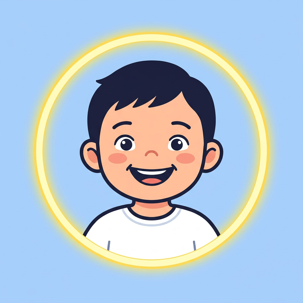 A friendly child shown from the shoulders up, with a bright yellow glowing circle or halo highlight around their head to draw attention to it