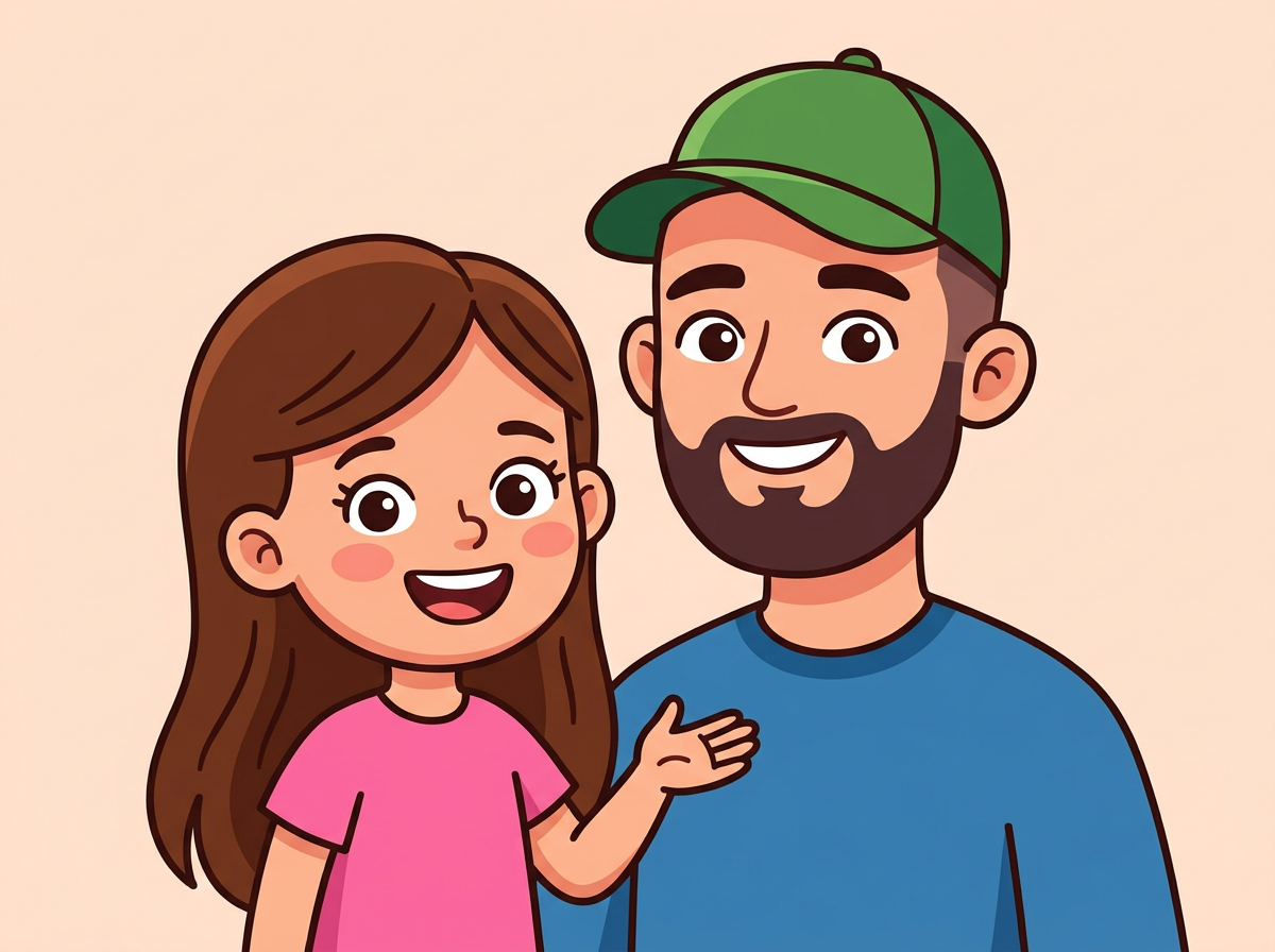 Amelia standing beside her dad, introducing him with a smile.
