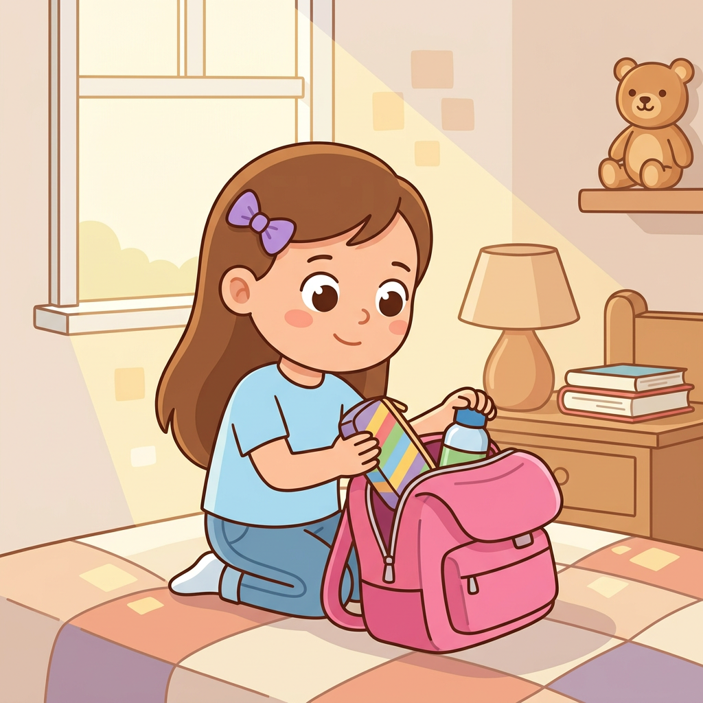 A girl packs her purple backpack in her bedroom on a sunny morning