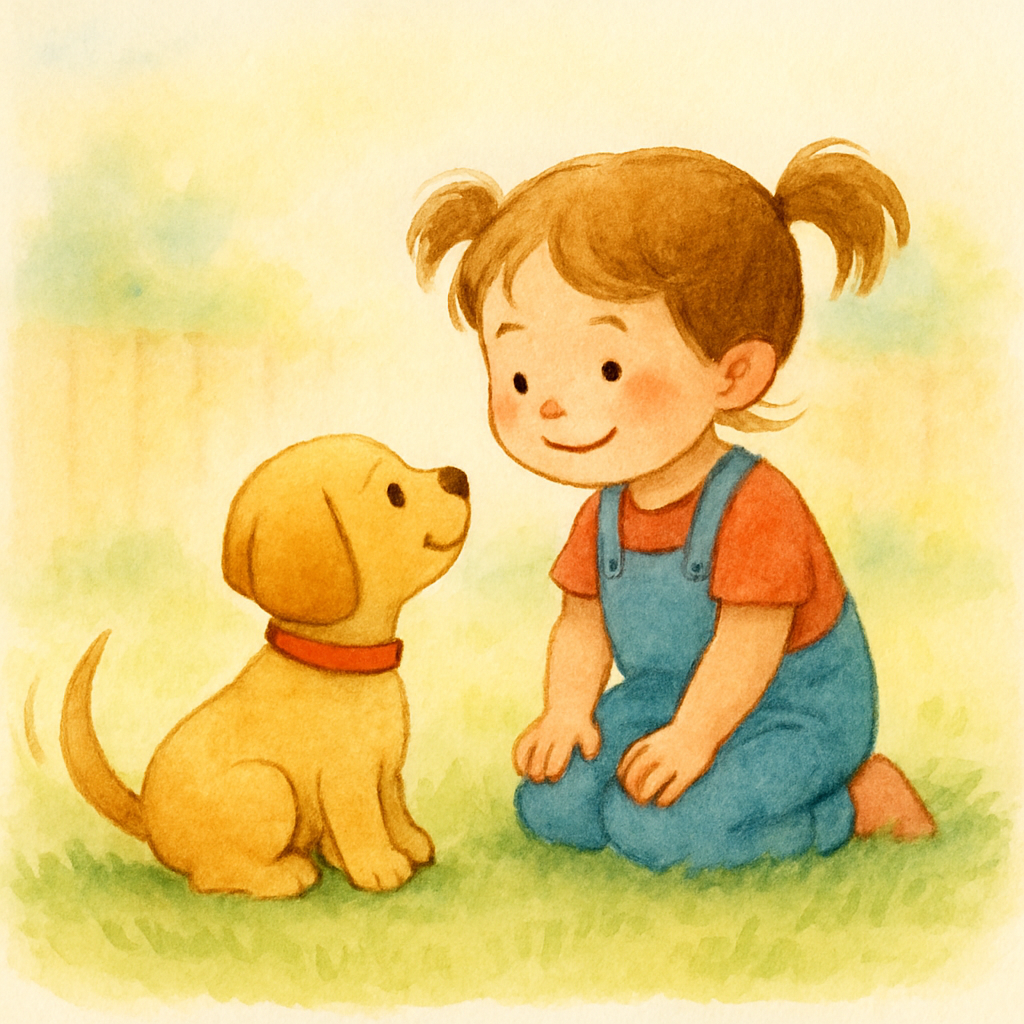 A child kneeling beside a small golden puppy in a sunny backyard, both looking at each other happily