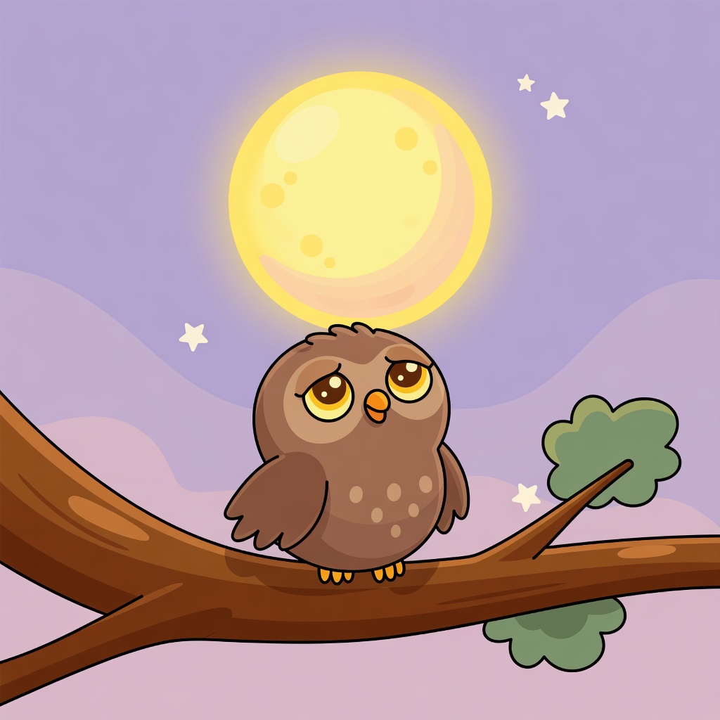 Oliver the owl sits on a tree branch at night, looking up at a large glowing moon in a soft purple sky.