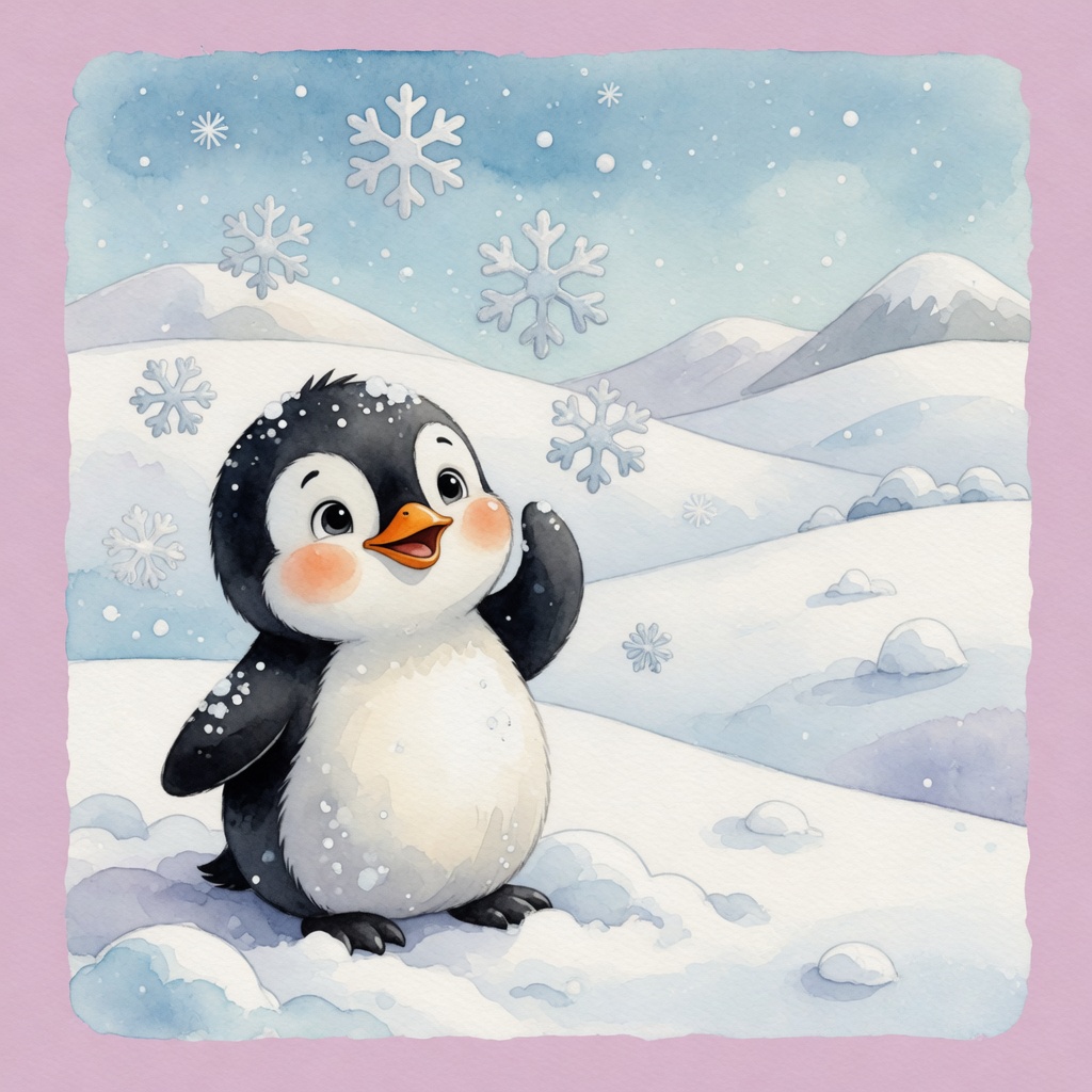 Pete the penguin stands outside looking up at a wide snowy landscape with big fluffy snowflakes falling all around him