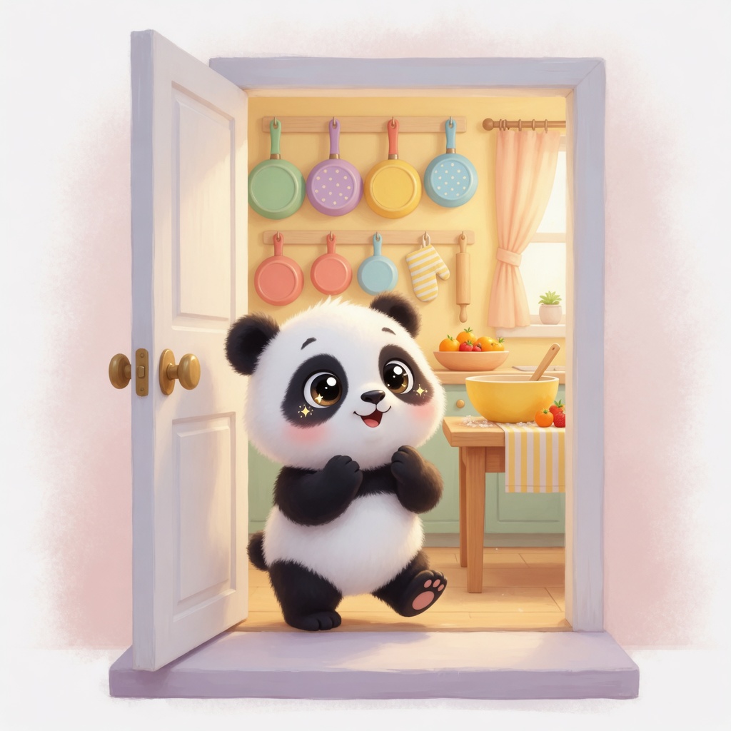 Pia the panda stands in the doorway of a big, bright, cozy kitchen, eyes wide with excitement, looking in.