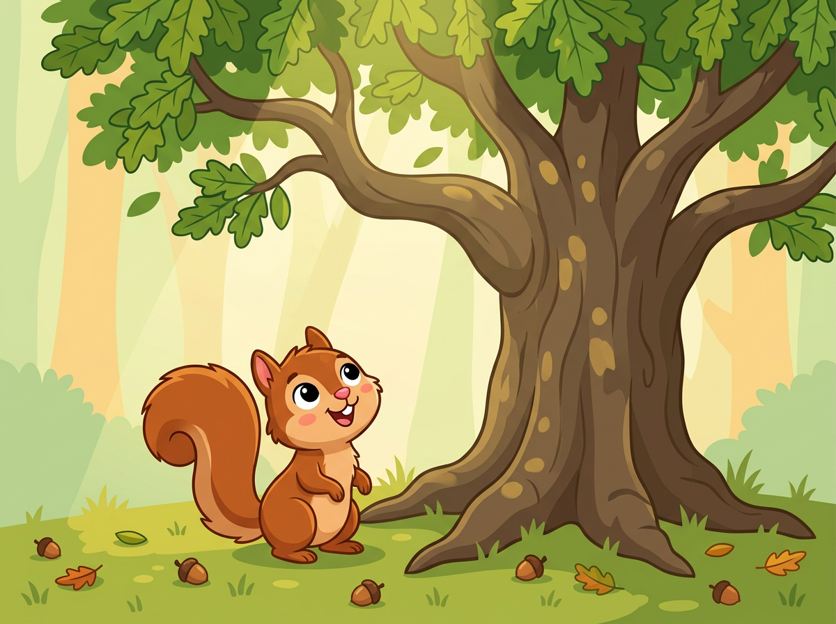 Pip the little squirrel stands at the base of a huge old oak tree in a sunny forest, gazing up at it with wide happy eyes.