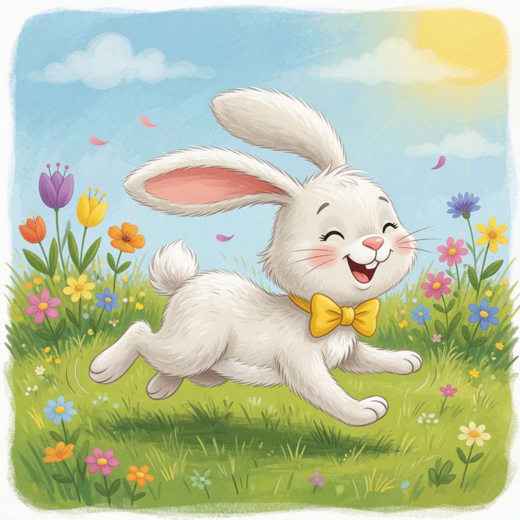 Pip the bunny runs across a sunny green meadow with a big happy smile