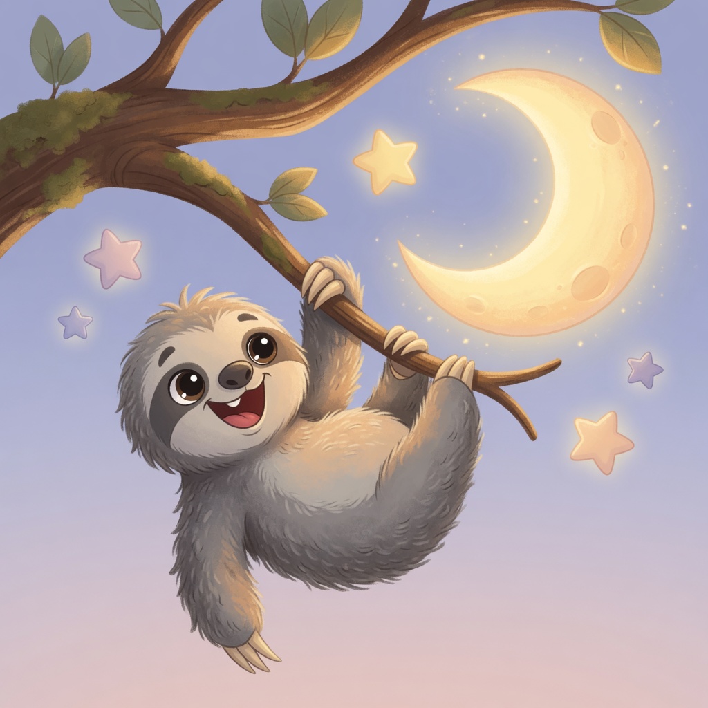 Pip the sloth hangs from a tree branch and looks up at a large glowing moon in a soft purple evening sky