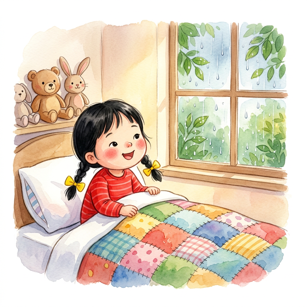 Mei waking up happily in her cozy bedroom while rain falls softly outside the window