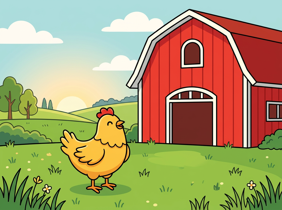 Sunny the little yellow hen stands in a sunny yard, looking up happily at a large red barn behind her.