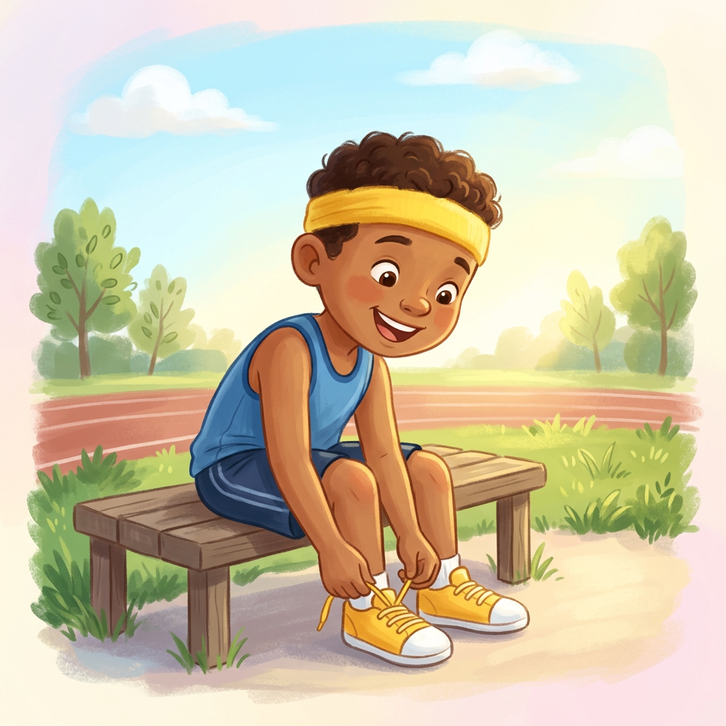 Jay stands outside on a bright sunny morning, tying his sneakers near a grassy track, looking excited and happy.
