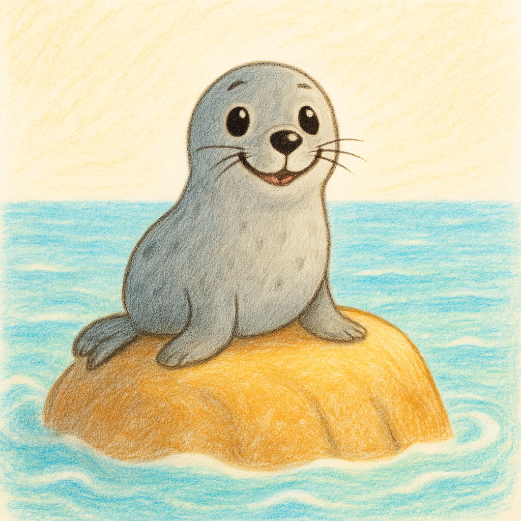 Kai the seal sits happily on a rock beside a sparkling blue ocean on a sunny morning