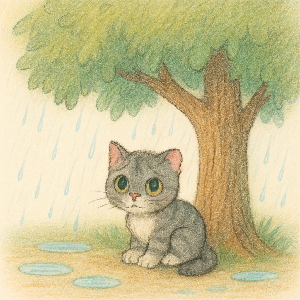 A small gray cat sits under a leafy tree as rain falls around her on a quiet street