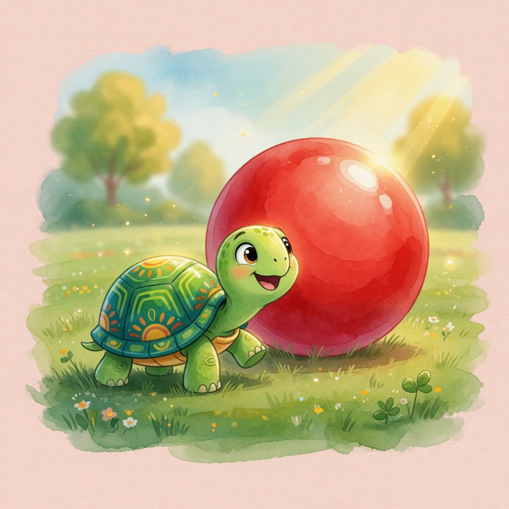 Tommy the turtle stands in a sunny park, eyes wide with excitement, looking at a big red ball in front of him