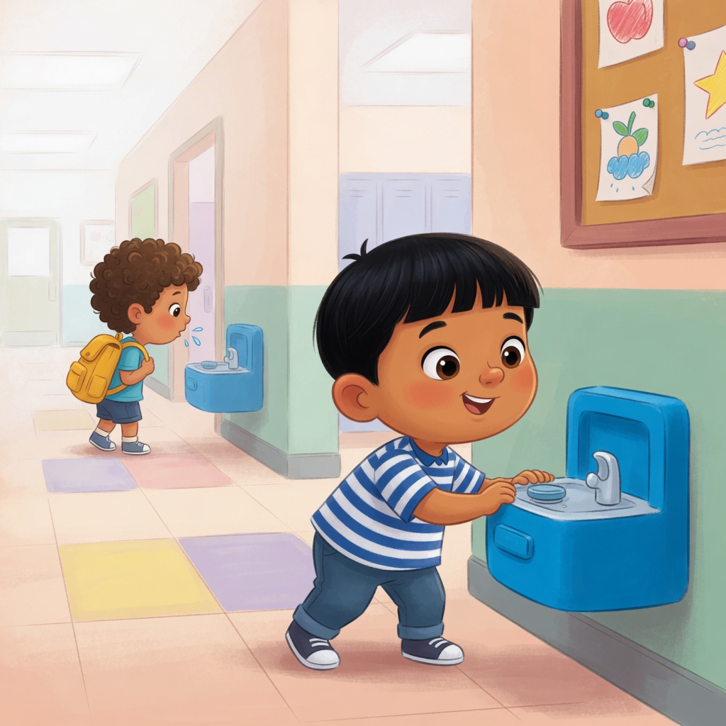 A boy stands near a drinking fountain at school, looking at it eagerly with wide eyes.
