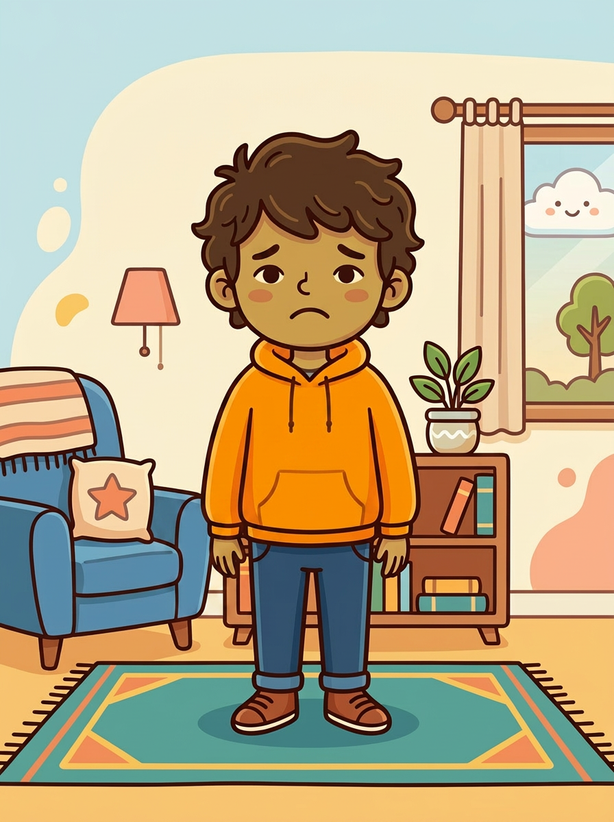 The boy stands in a living room with a sad, frowning expression on his face.